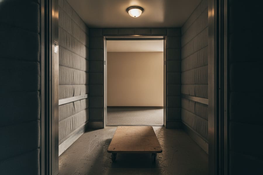 A service elevator with protective padding on the walls inside a Brooklyn apartment building