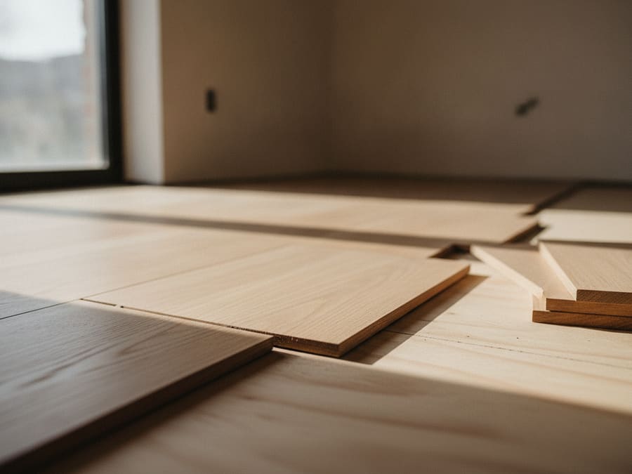 New oak floorboards being laid across a prepared subfloor in a residential room