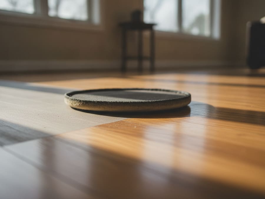 A buffing machine with a screening pad working across a hardwood floor before a fresh coat of finish