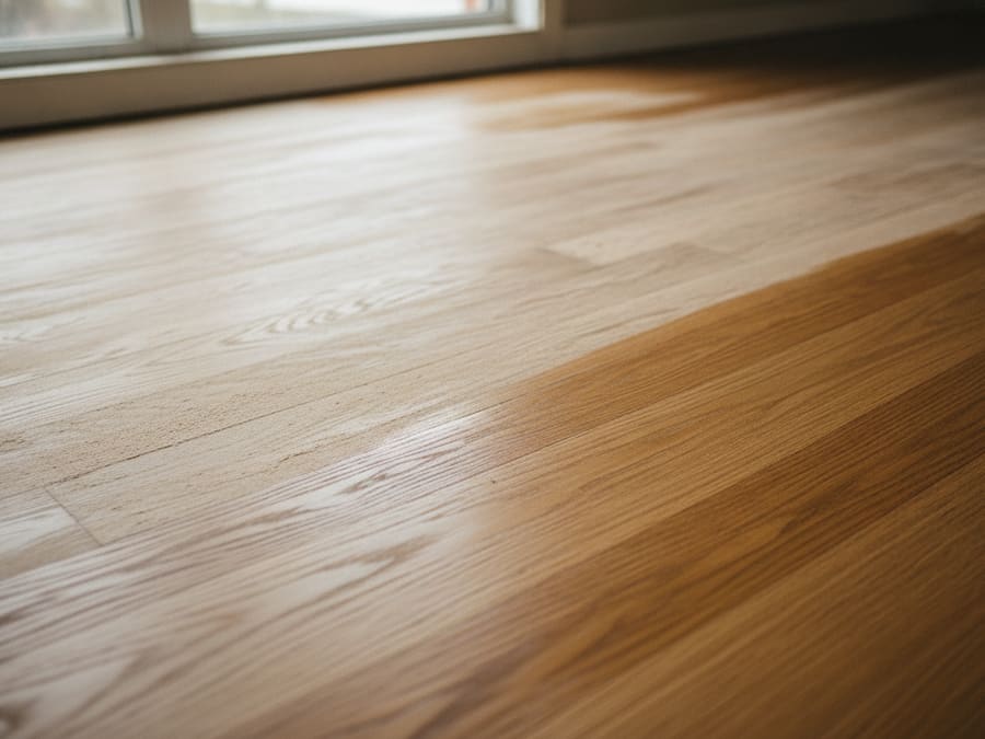 A hardwood floor part way through sanding, with bare wood on one side and the old worn finish still in place on the other