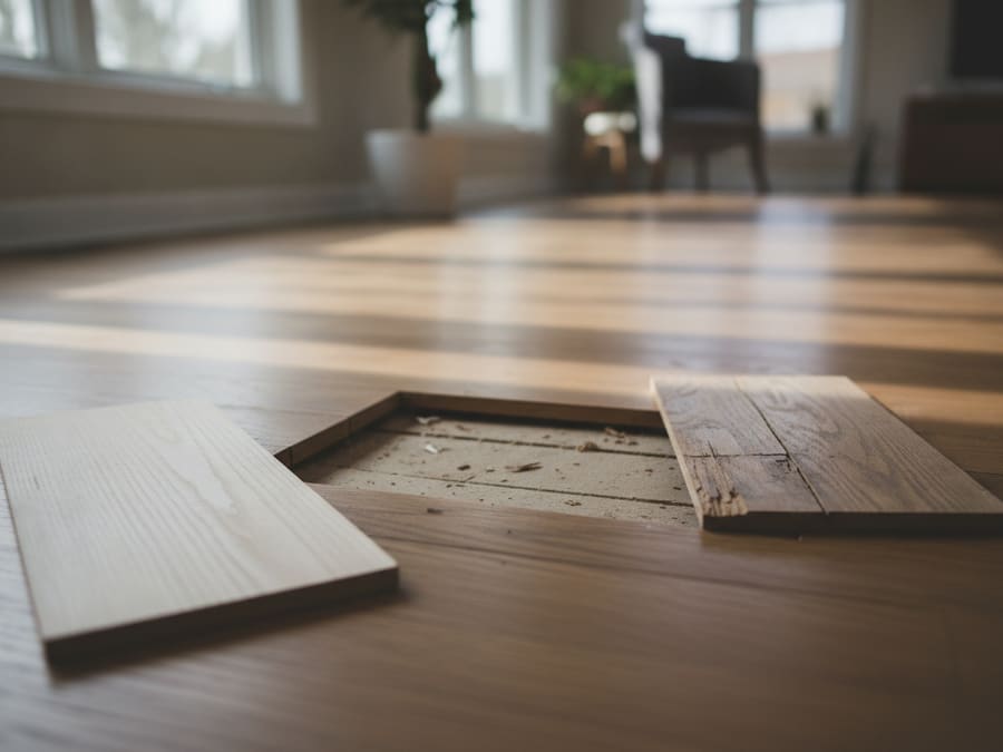 A carpenter fitting a replacement floorboard into a gap cut from an existing hardwood floor
