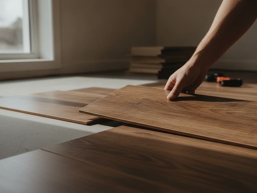 Luxury vinyl plank flooring being installed across a level subfloor in a kitchen