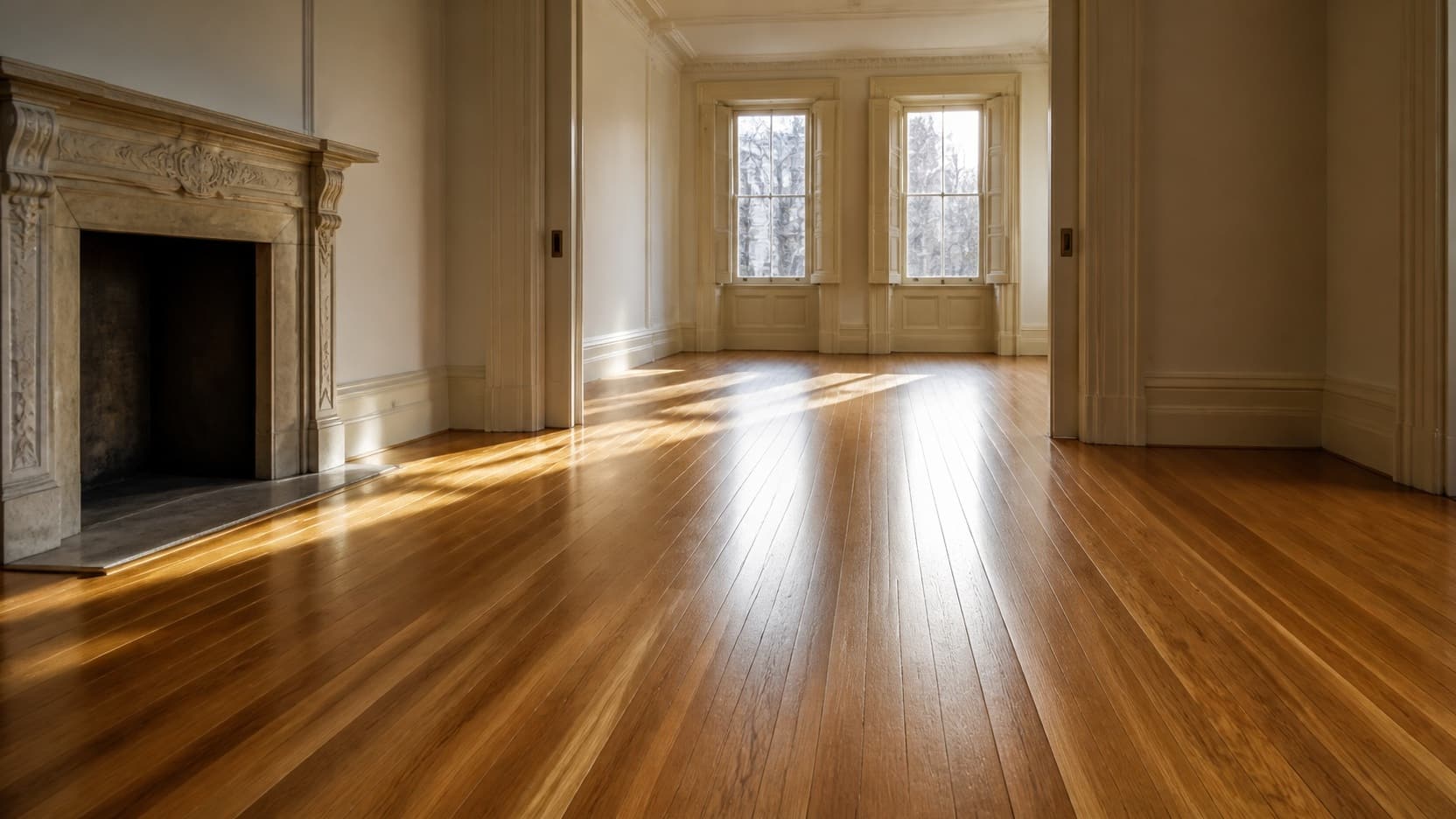 Freshly refinished oak plank flooring running through the parlour floor of a Brooklyn brownstone, with tall windows along one wall