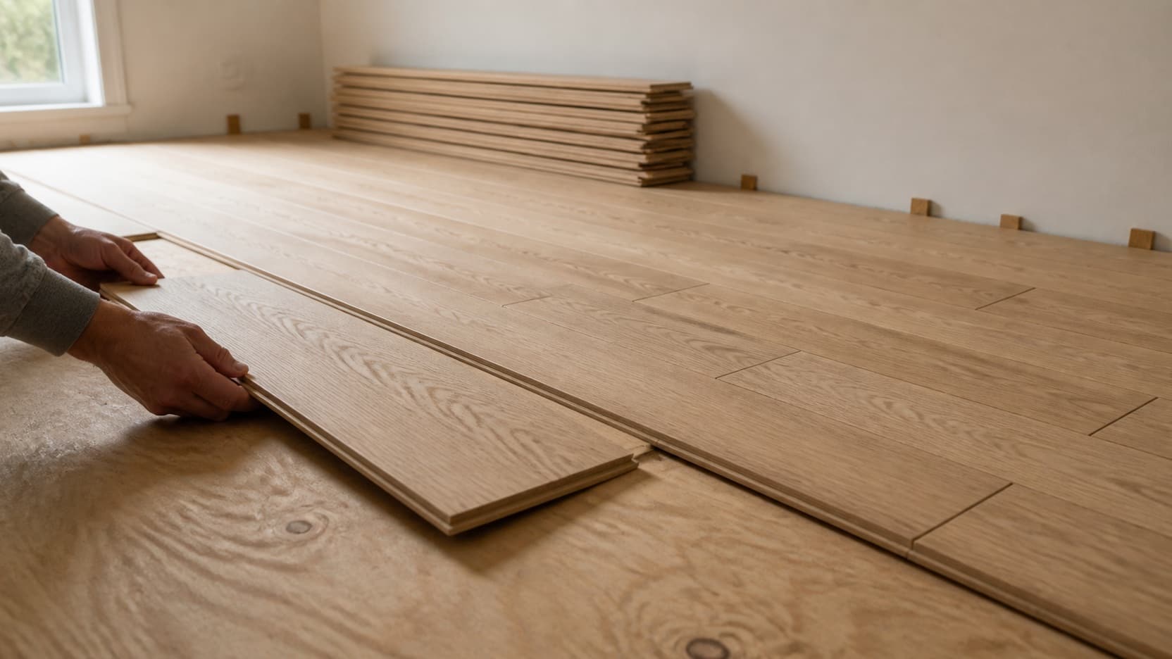 New oak floorboards being laid across a prepared subfloor in a Brooklyn apartment, with a stack of boards acclimatising against the wall