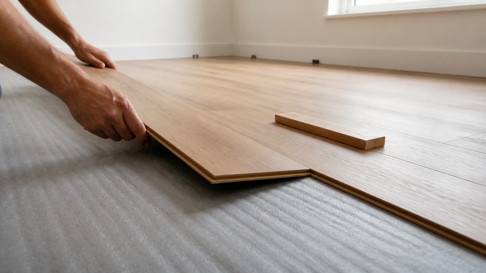 Laminate planks being clicked together over underlay in a bright Brooklyn apartment room