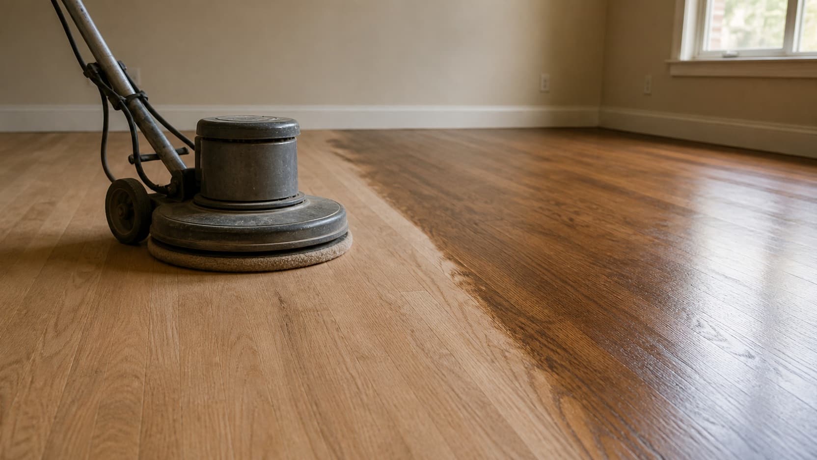 A floor buffer with a screening pad working across a hardwood floor in a Brooklyn apartment before a fresh coat of finish goes on