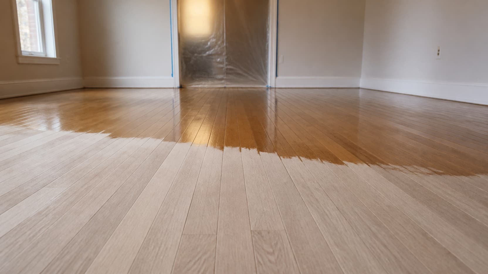 A Brooklyn hardwood floor mid refinish, with freshly sanded bare boards meeting the darker worn finish that has not yet been removed