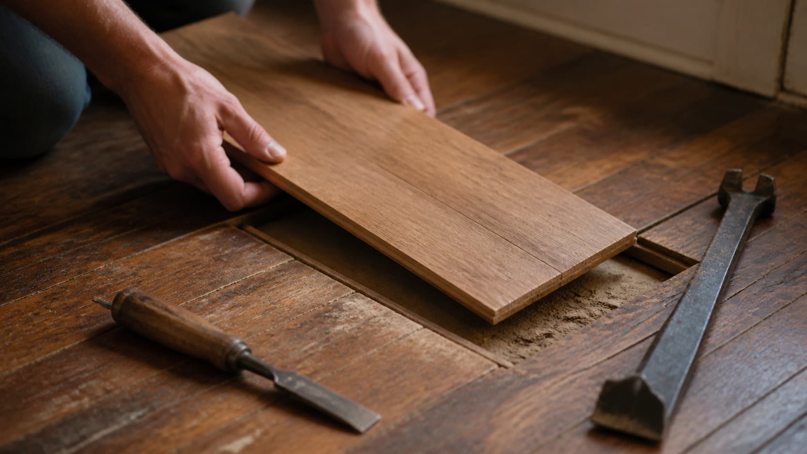 A replacement floorboard being cut in to a damaged area of an existing Brooklyn hardwood floor