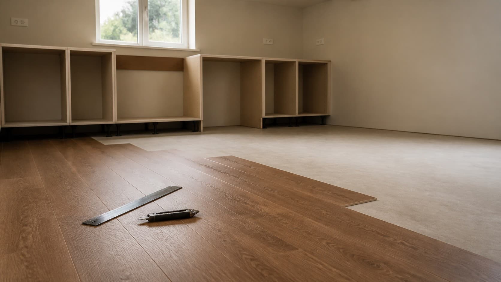 Luxury vinyl plank flooring being installed across a level subfloor in a Brooklyn kitchen